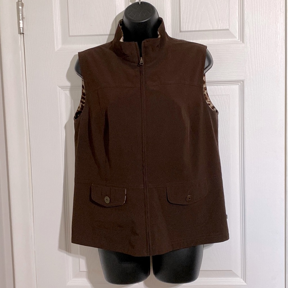 Zenergy by Chico’s Neema Brown/Animal Print Reversible Zip Up Vest Sz 1